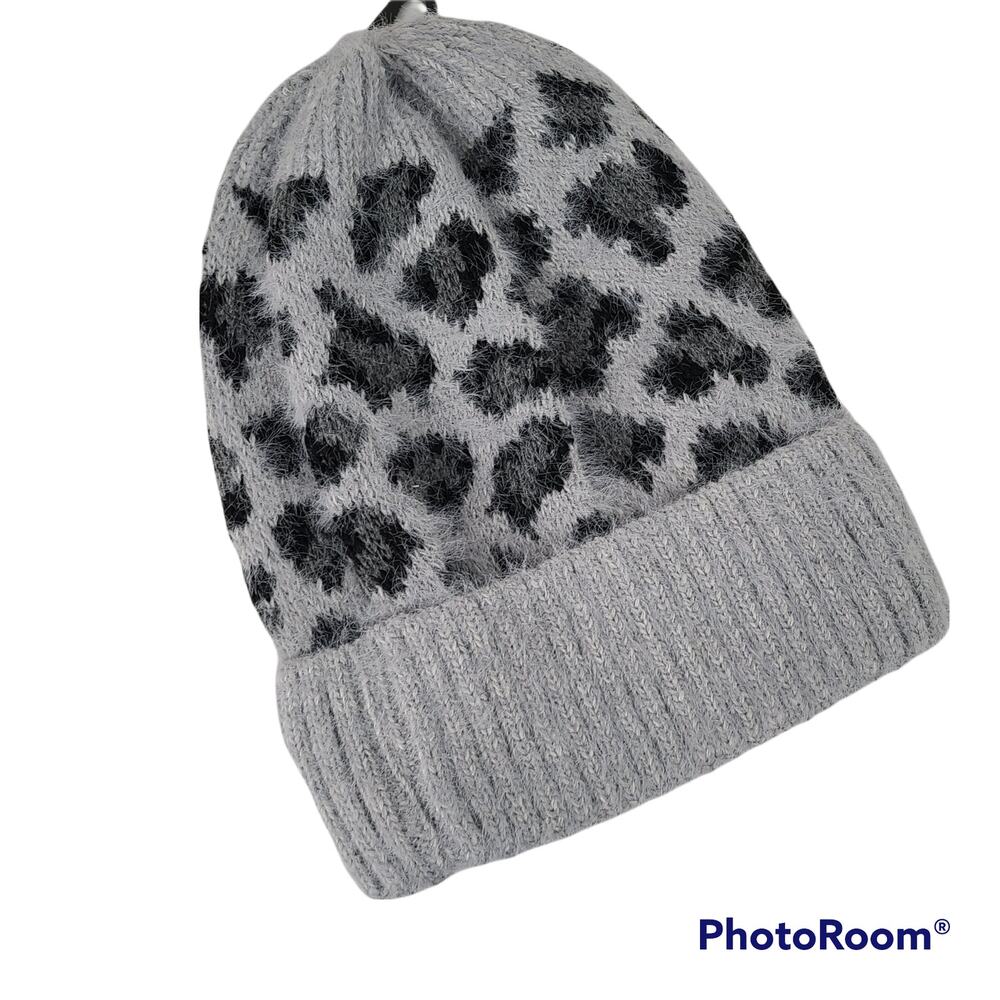 LOF gray leopard knit stocking cap New with tag